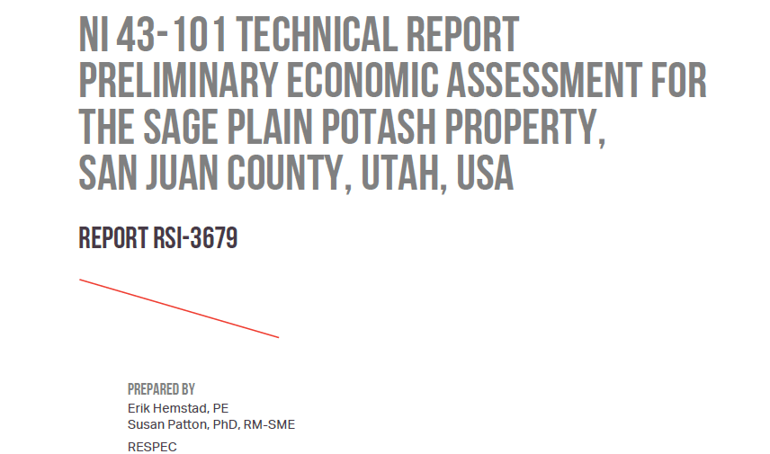 Sage Potash NI 43-101 Technical Report PEA front page image